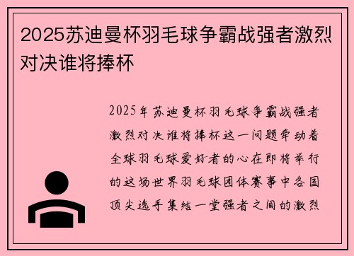 2025苏迪曼杯羽毛球争霸战强者激烈对决谁将捧杯