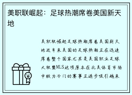 美职联崛起：足球热潮席卷美国新天地