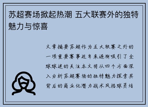 苏超赛场掀起热潮 五大联赛外的独特魅力与惊喜